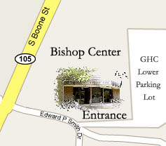 Map of the Entrance to Grays Harbor College showing the Bishop Center just to the left as you enter
