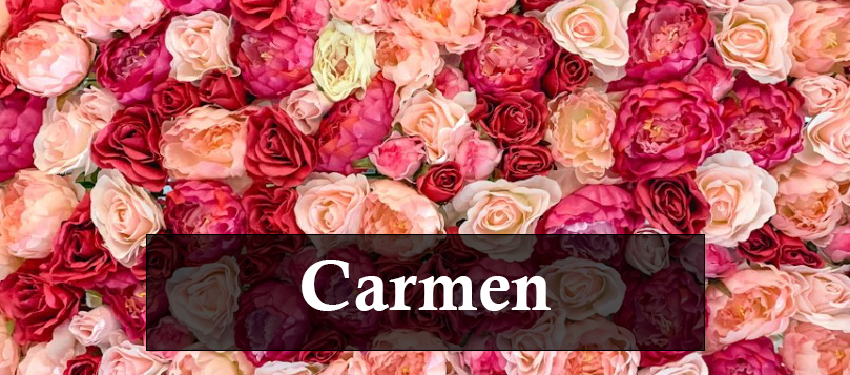 Pink flowers in the background with the word Carmen
