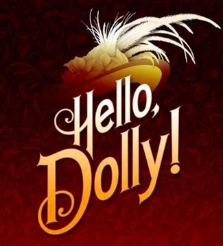 The text "Hello Dolly!" in a curled font over a black to burnt red background. The focus of the image is what appears to be a feathered heel above the text.