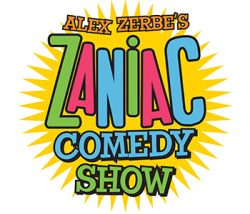 the words Alex Zerbes Zaniac Comedy Show with a sunburst behind it