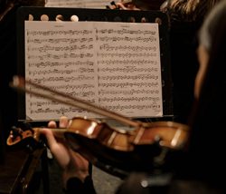 A string instrument with a stand with sheet music in the background